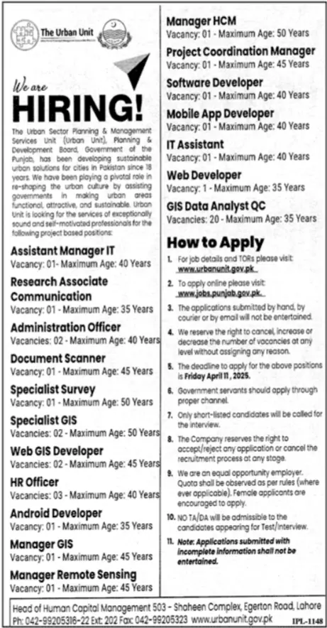 Urban Unit Jobs 2025 Online Apply