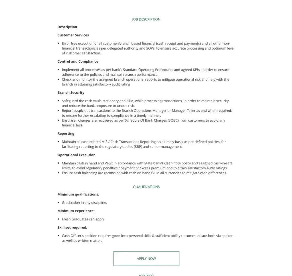 HBL Cash Officer Jobs 2025 Online Apply