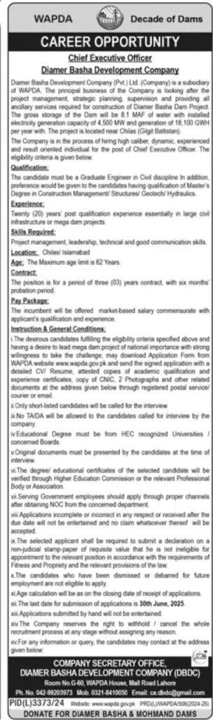 WAPDA Basha Development Company Jobs 2025