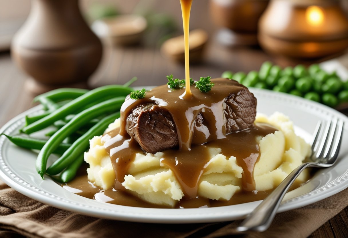No-peek beef tips and gravy served over mashed potatoes as a hearty comfort food dinner